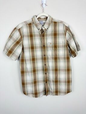 Carhartt Button Down Top Mens Large Relaxed Fit Brown Tan Plaid Outdoor Casual